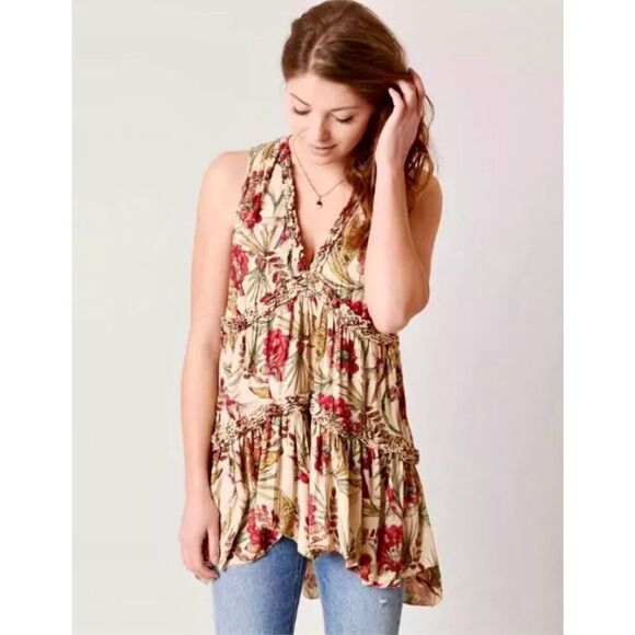 Free People Purple Haze Floral Printed Tunic Tank Size S Neutral Hummingbird Boh - Picture 1 of 9
